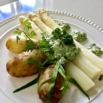 White Asparagus with Green Sauce and New Potatoes