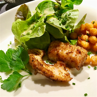 Crocodile fillet with fried chickpeas